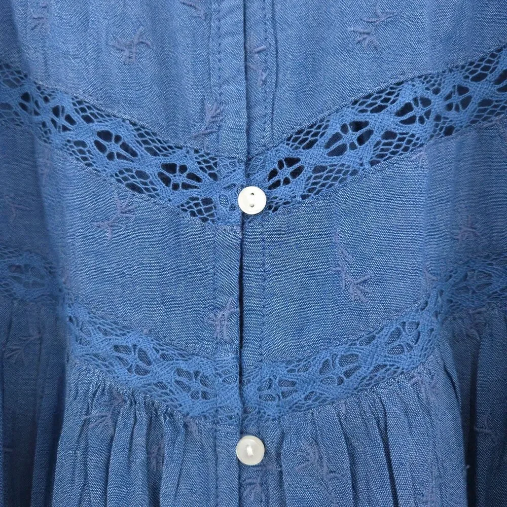 Old Navy womens embroidered chambray button up top Size 4X blue long puff sleeve